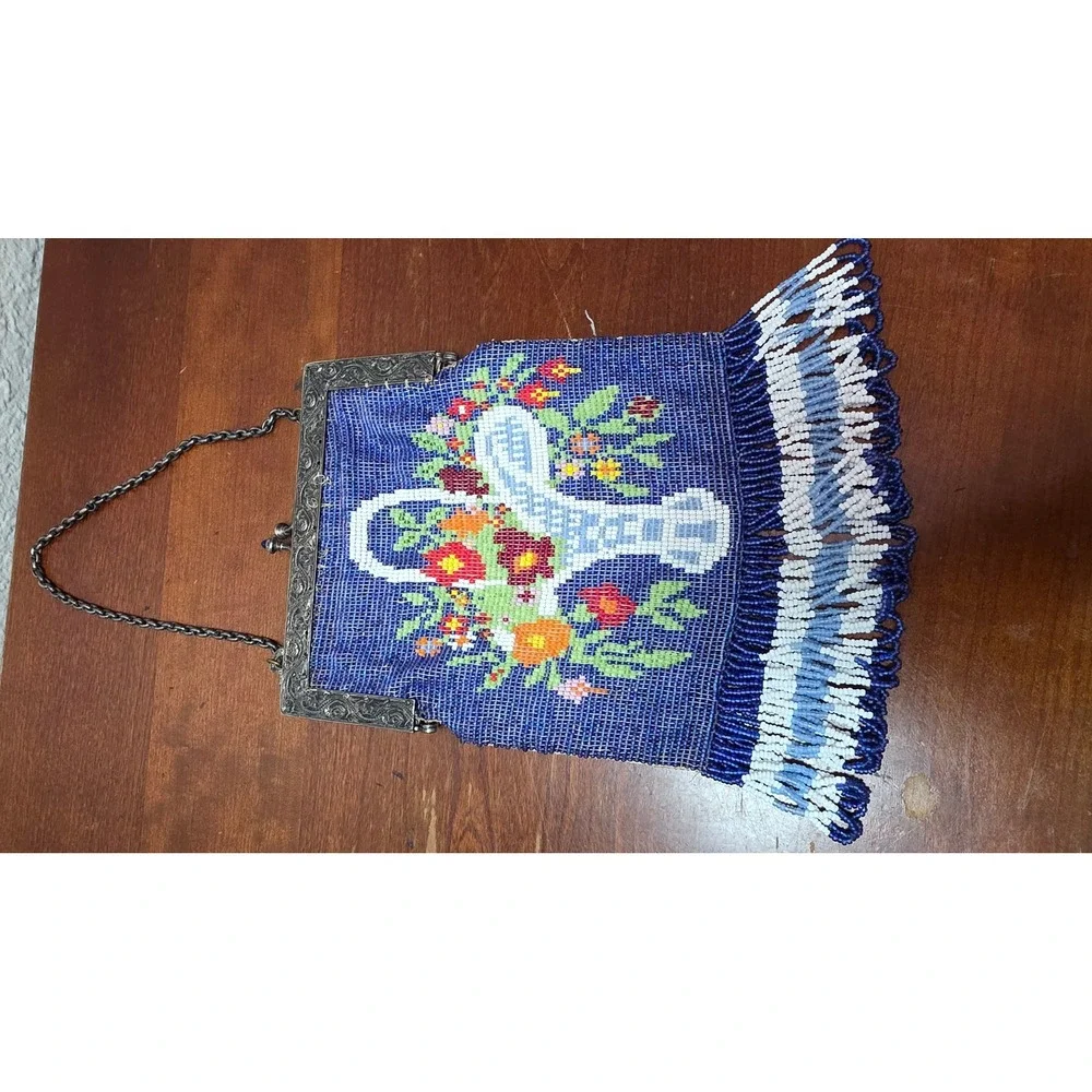 VTG Micro Beaded Floral Basket Evening Bag Blue Women Small Fringe Purse Y2k 80s